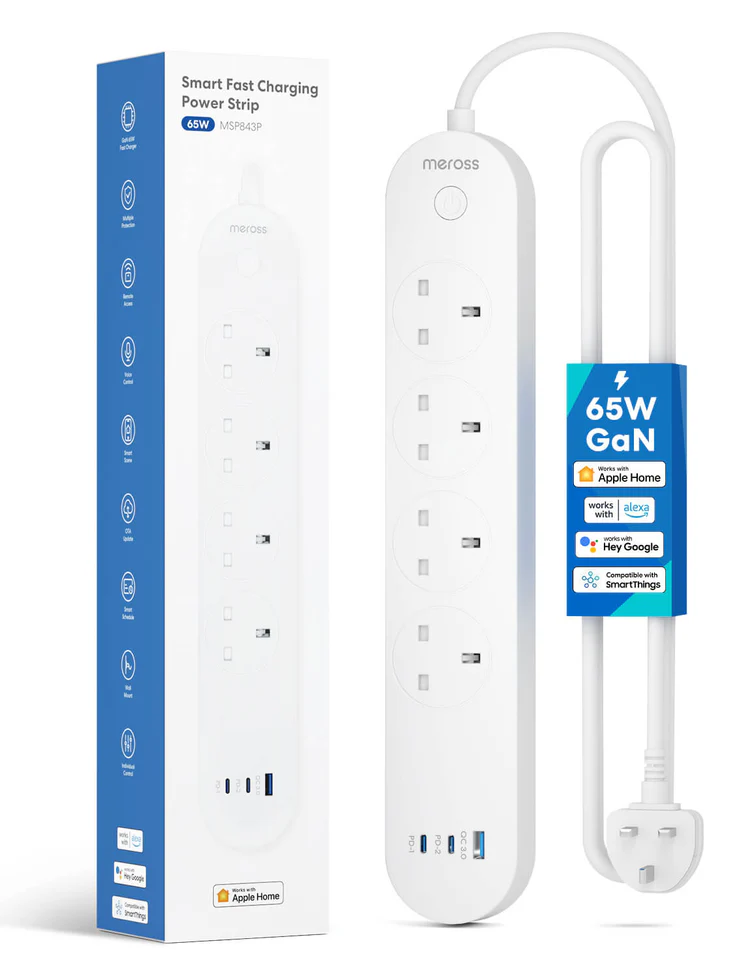 The image shows a product packaging and the product itself, which is a white smart fast charging power strip. The packaging is a vertical blue box with icons and text indicating various features such as compatibility with Apple HomeKit, Amazon Alexa, Google Assistant, and SmartThings. It also mentions that it has 65W power. Next to the box is the power strip with 4 UK outlets, 2 USB C ports and 1 USB A port, labeled “meross.” There’s also a tag on the power strip highlighting “65W GaN” technology.