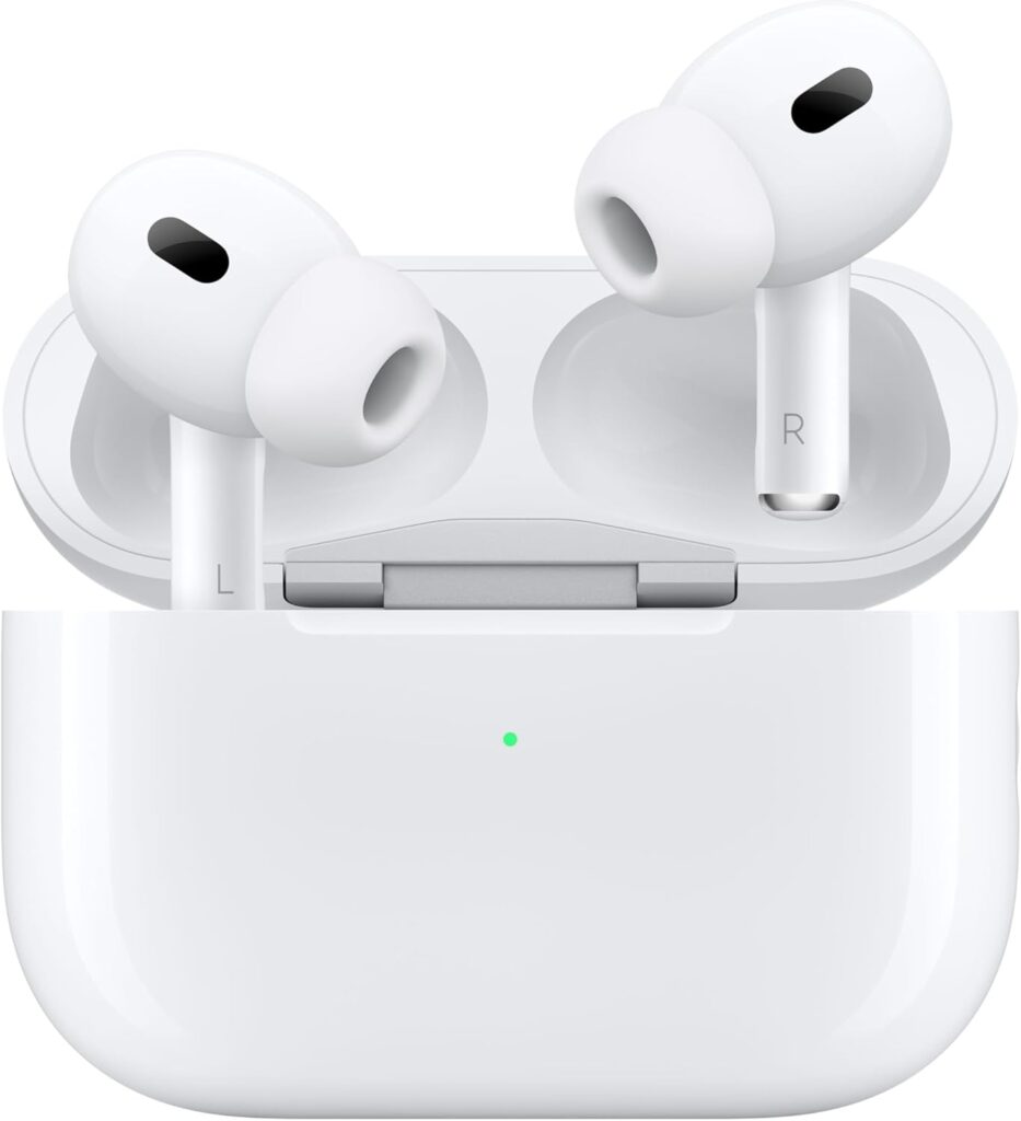 Two Apple Airpod Pro 2 ear buds overing just outside of the airpod case.