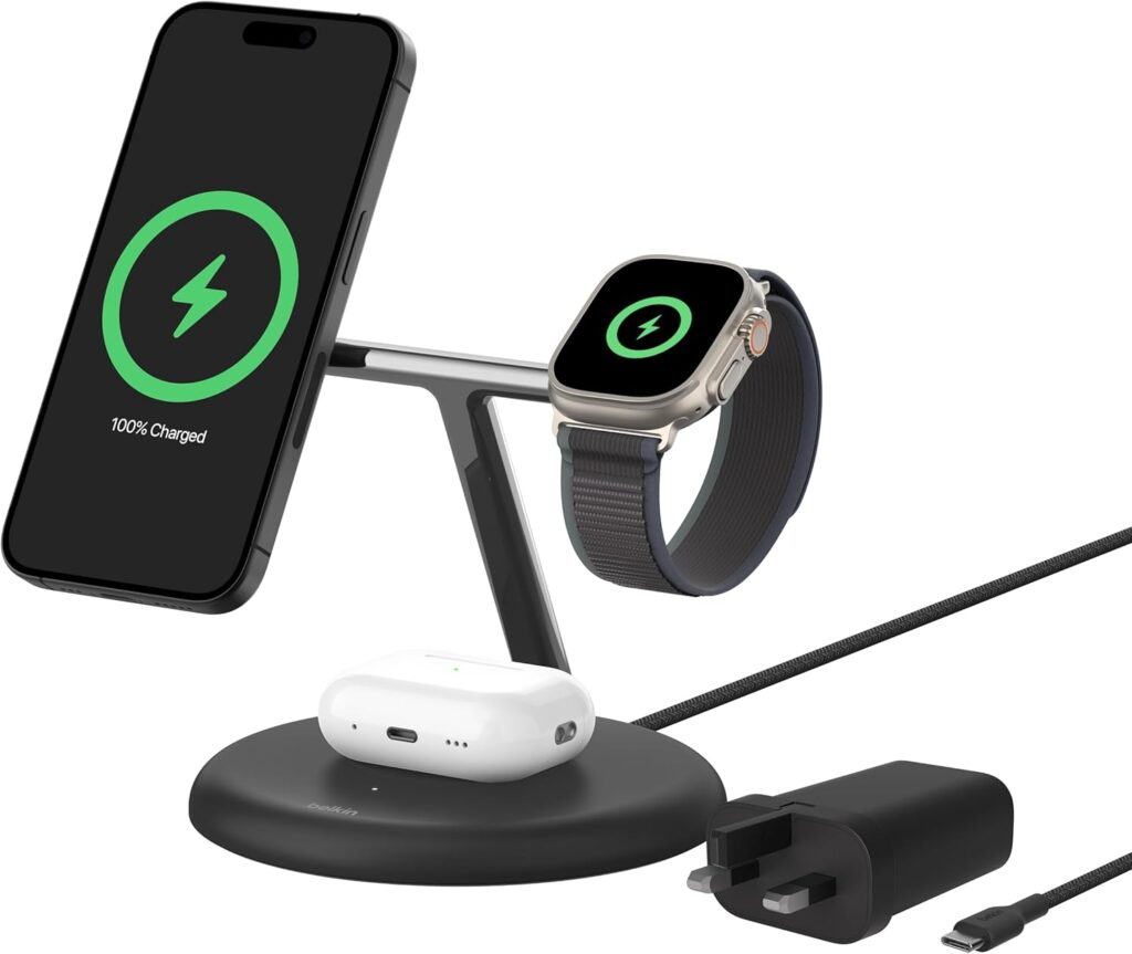 Belkin 3-in-1 Wireless Charing Stand. A black base with space for AirPod Pro's to be charged, with a metal bar raising to a T shape with a phone on the left and an Apple watch on the right.