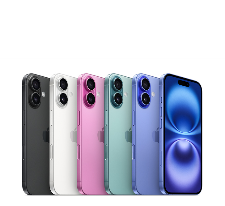 iPhone 16, all five finishes, Black, White, Pink, Teal, Ultramarine