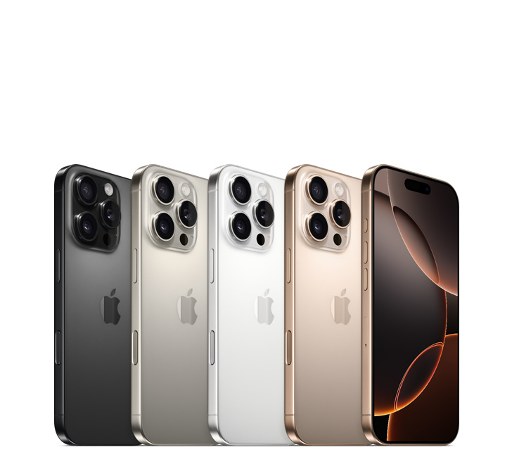 iPhone 16 Pro, all four finishes, Black Titanium, White Titanium, Natural Titanium and Desert Titanium